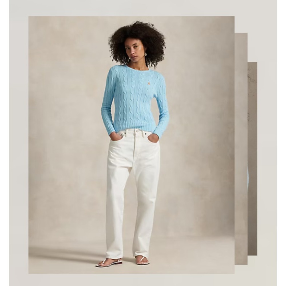 Polo Ralph Lauren Cable Cotton Knit Crew Neck Sweater Womens XXS Blue Pony